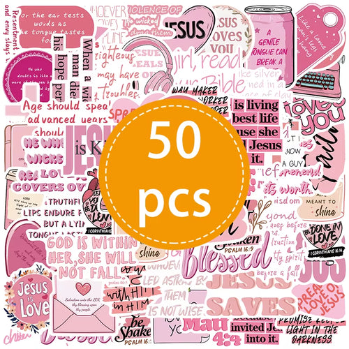 50PCS Pink Jesus Bible Phrase Graffiti Stickers DIY Envelope Notebook Suitcase Stationery Cartoon Faith Decals Kids Toys Gift
