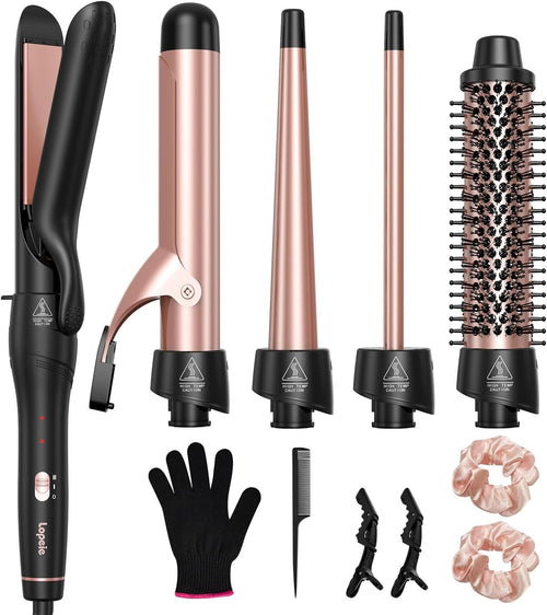 5 in 1 Curling Iron with Thermal Brush and 4 Interchangeable Ceramic Barrels(1/2 to 1 1/2 Inch), Curling Wand Set with Flat Iron, Fast Heating, Dual Voltage Hair Curler, Gifts for Women