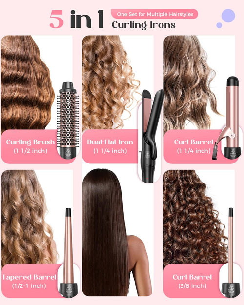 5 in 1 Curling Iron with Thermal Brush and 4 Interchangeable Ceramic Barrels(1/2 to 1 1/2 Inch), Curling Wand Set with Flat Iron, Fast Heating, Dual Voltage Hair Curler, Gifts for Women