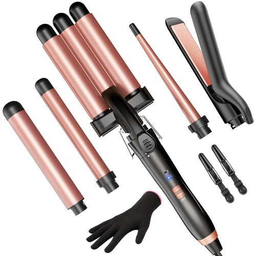 5 in 1 Wand Curling Iron- Curling Wand Set with Flat Iron Hair Straightener, 3 Barrels Hair Crimper, 3 Ceramic Curling Irons (0.35"-1.25"), 2 Temps Fast Heat Hair Waver Curler with Glove & Clip