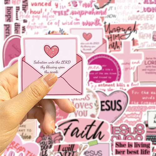 50PCS Pink Jesus Bible Phrase Graffiti Stickers DIY Envelope Notebook Suitcase Stationery Cartoon Faith Decals Kids Toys Gift